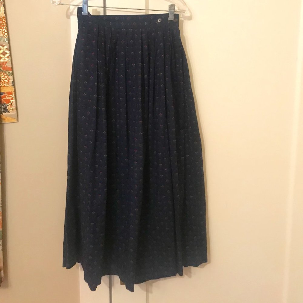 Vintage-1980s-Lands' End Blue Floral High Waist Skirt-Small